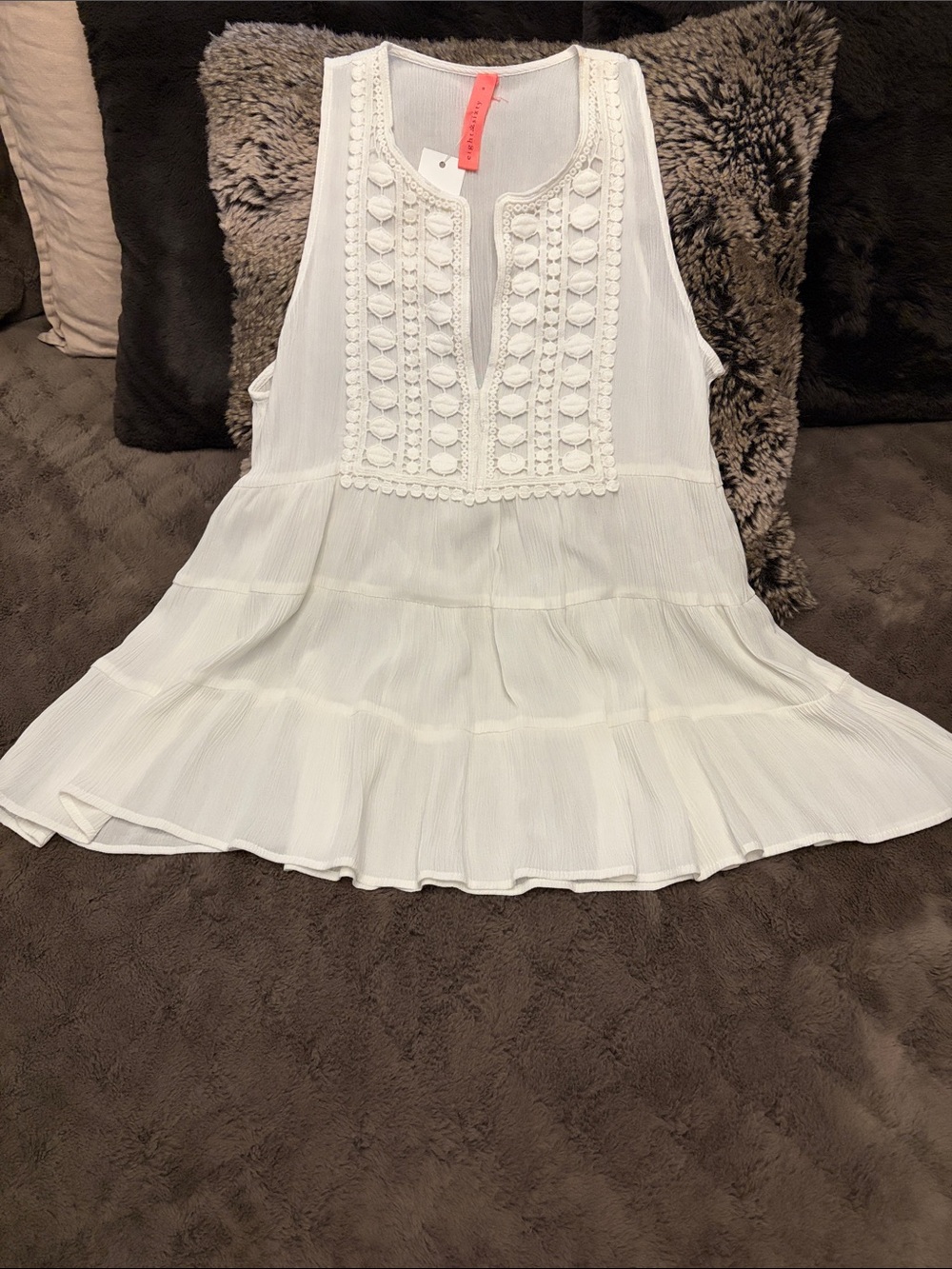 Eight Sixty White Sleeveless Crinkle Gauze Top with Lace Bib Sold at Amelie